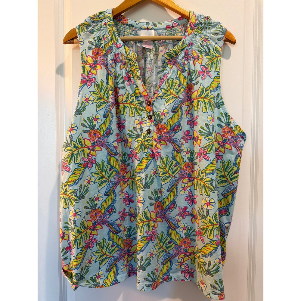Stella Parker Womens 2X Tropical Floral Sleeveless Knit Blouse Blue Pink Green